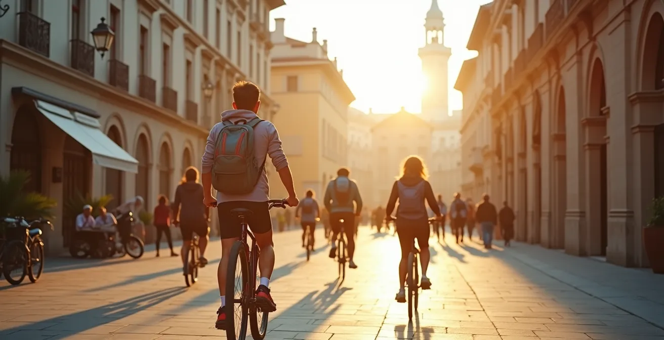 Personnes pratiquant diverses activités physiques spontanées dans un environnement de voyage urbain