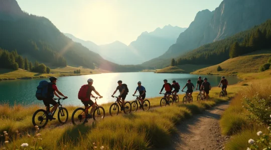 Groupe diversifié pratiquant des activités sportives dans un magnifique paysage naturel français