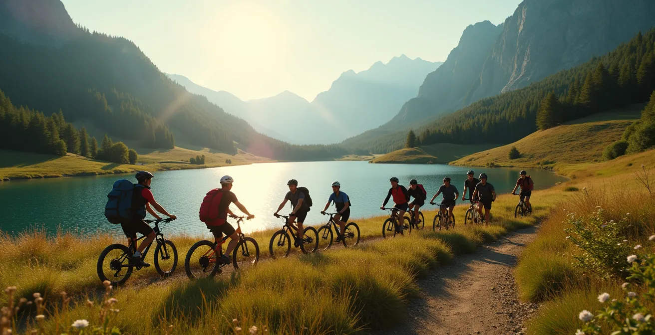 Groupe diversifié pratiquant des activités sportives dans un magnifique paysage naturel français