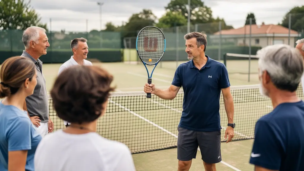 Coach de tennis expliquant une technique à un groupe de joueurs amateurs lors d'un stage intensif