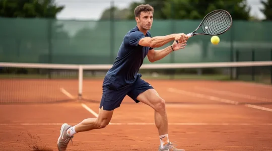 Joueur amateur en pleine frappe de coup droit sur court en terre battue lors d'un stage tennis intensif