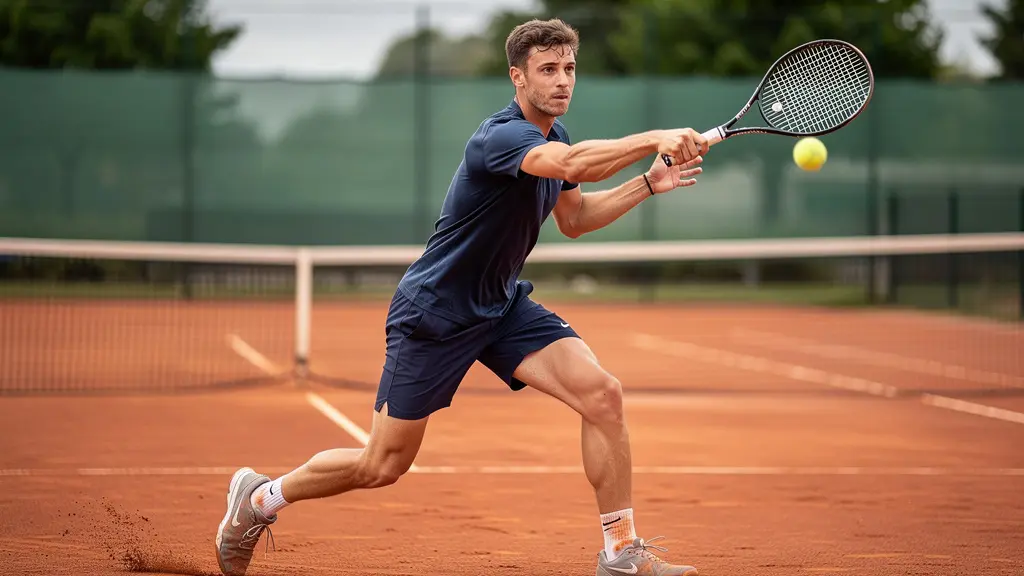 Joueur amateur en pleine frappe de coup droit sur court en terre battue lors d'un stage tennis intensif